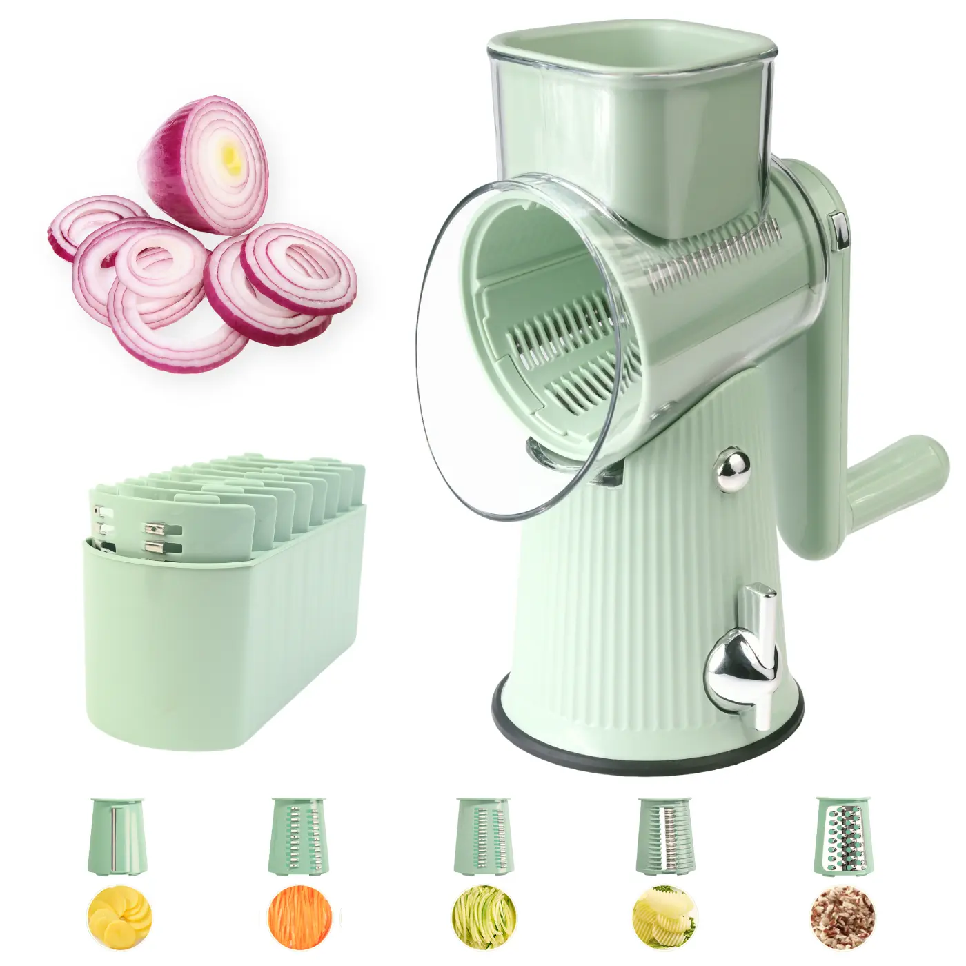 Rotary Cheese Grater with Handle - 5 Blades, Strong Suction Base,Kitchen Tool for Cheese and Vegetables Set,kitchen gadgets,Kitchen Springtok Utensils Round Slicer