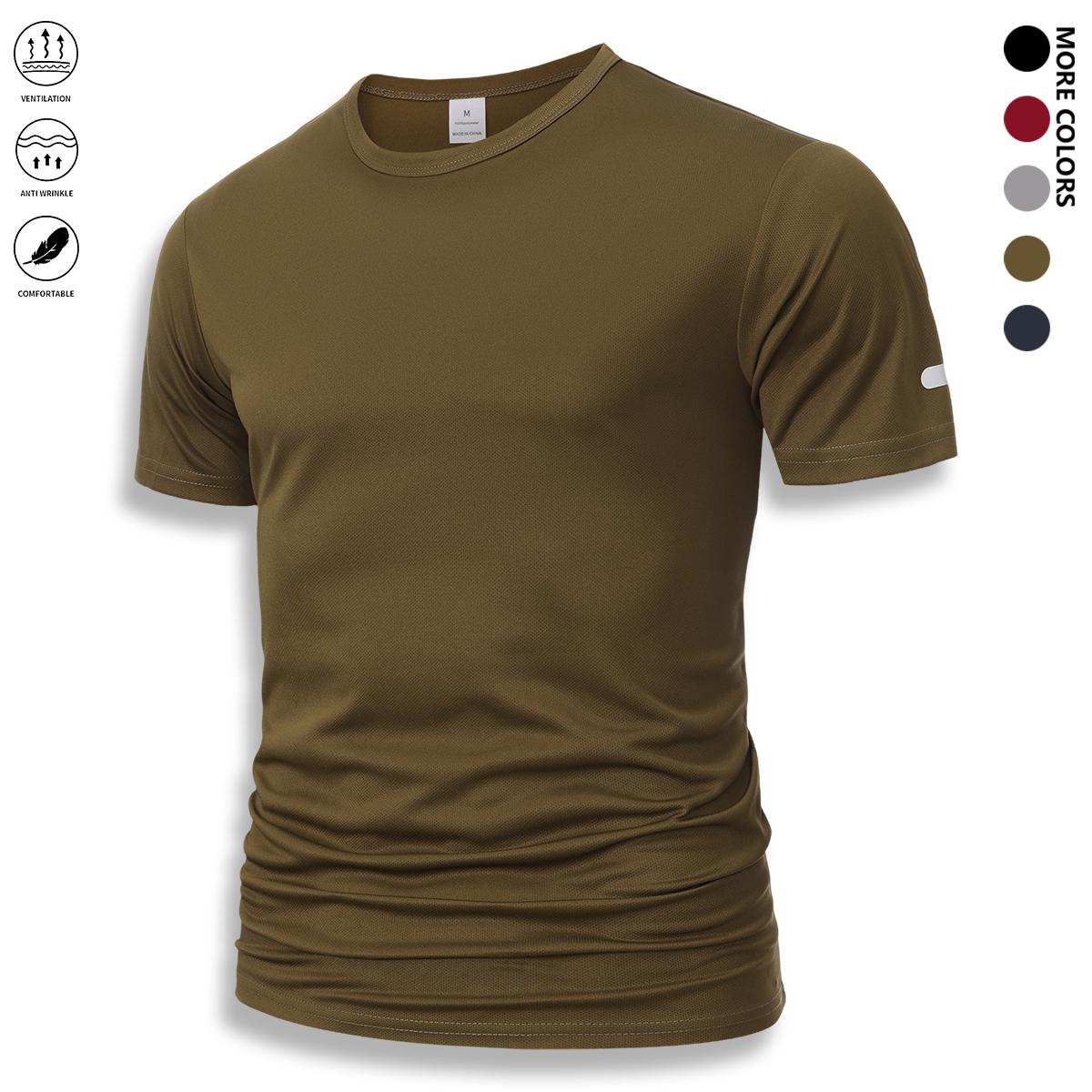 Casual athletic printed reflective stripe T-shirt in black, white, and army green; breathable quick-dry short-sleeve crew neck top; running shirt; wet/dry dual-use moisture-wicking T-shirt; gym training short-sleeve shirt.