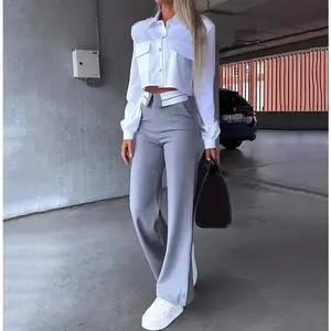 Office Lady Women's Pant Sets 2 Pieces New Holiday Style Short Blazers Coat + Straight Pants Suit 2025 Spring Womens Outfits Blue Casual Elegant Chic