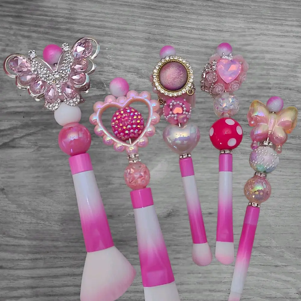 Handmade Custom Pretty In Pink Makeup Brush Kit with Beaded Angel Wings Heart Design for Stylish Application 5pc Set Vintage Creative Edge