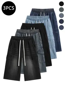 3-pack men’s denim shorts: men’s denim shorts, men’s jeans, men’s three-quarter pants. Loose straight fit with elastic waistband and drawstring design. Three-quarter pants with multiple pockets and a washed distressed finish. Casual, versatile, available