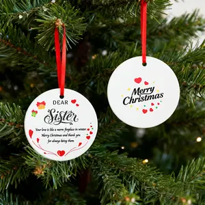 Classic Christmas Tree Round Ornament, Flat Hanging Decor, Ceramic Heart Print, DIY Hand Painted, Indoor Holiday Decoration