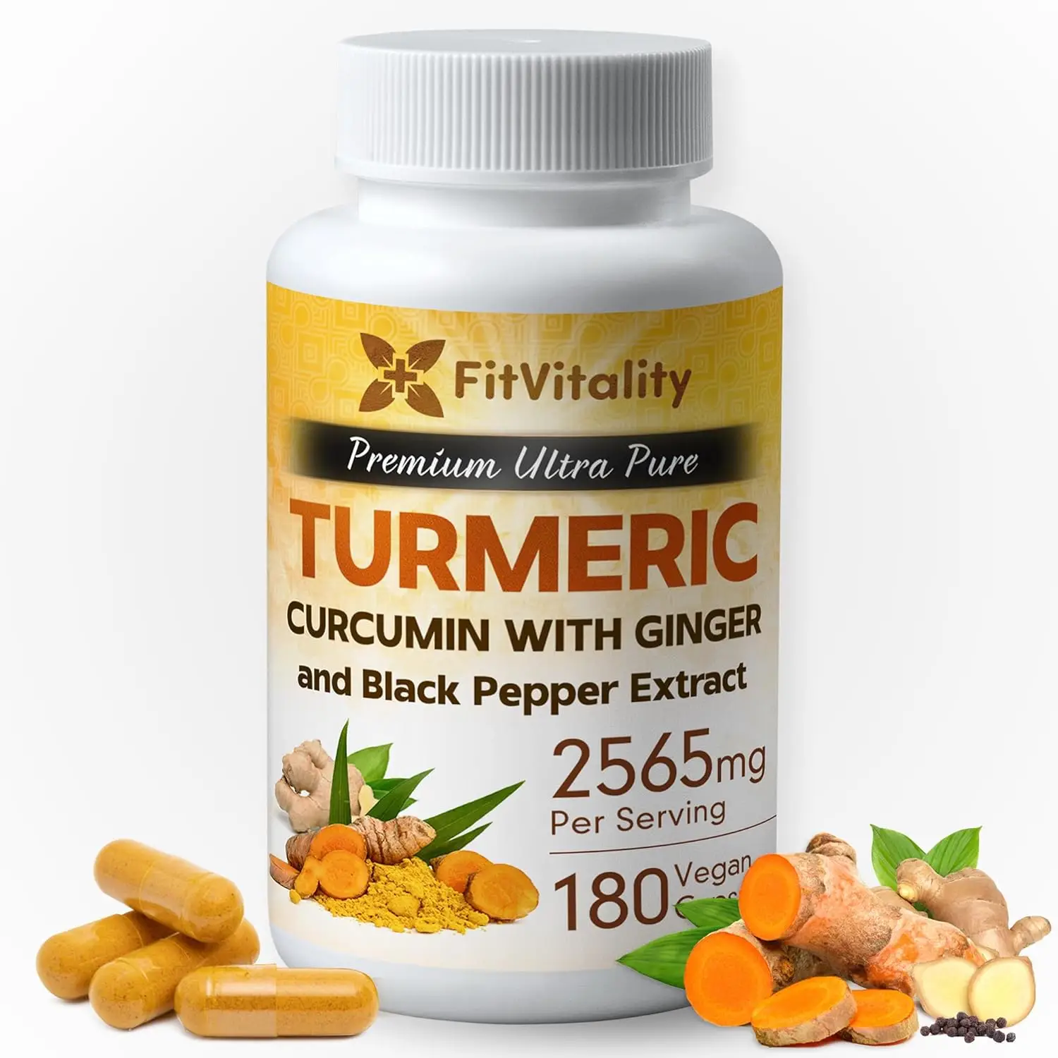 Turmeric Curcumin 2565 mg, 180 Capsules, 95% Curcuminoids & BioPerine Black Pepper Extract, Extra Strength Turmeric Supplement, All Natural & Non – GM