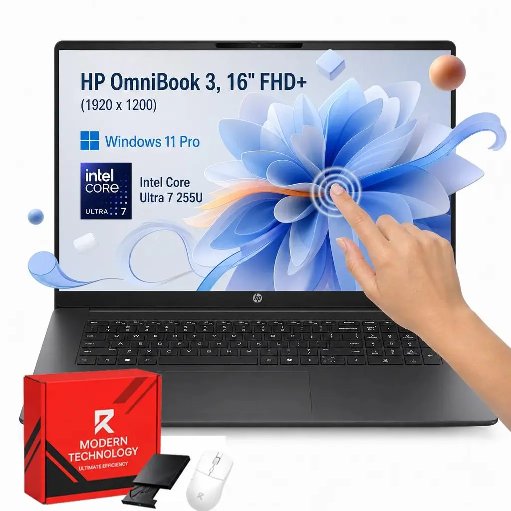 HP OmniBook 3 16" 2K Laptop Touchscreen Computer, 16GB DDR5 RAM, 512GB SSD, Intel Core Ultra 7 255U, 16-inch Touchscreen, Wi-Fi 7, Windows 11 Pro w/Accessory