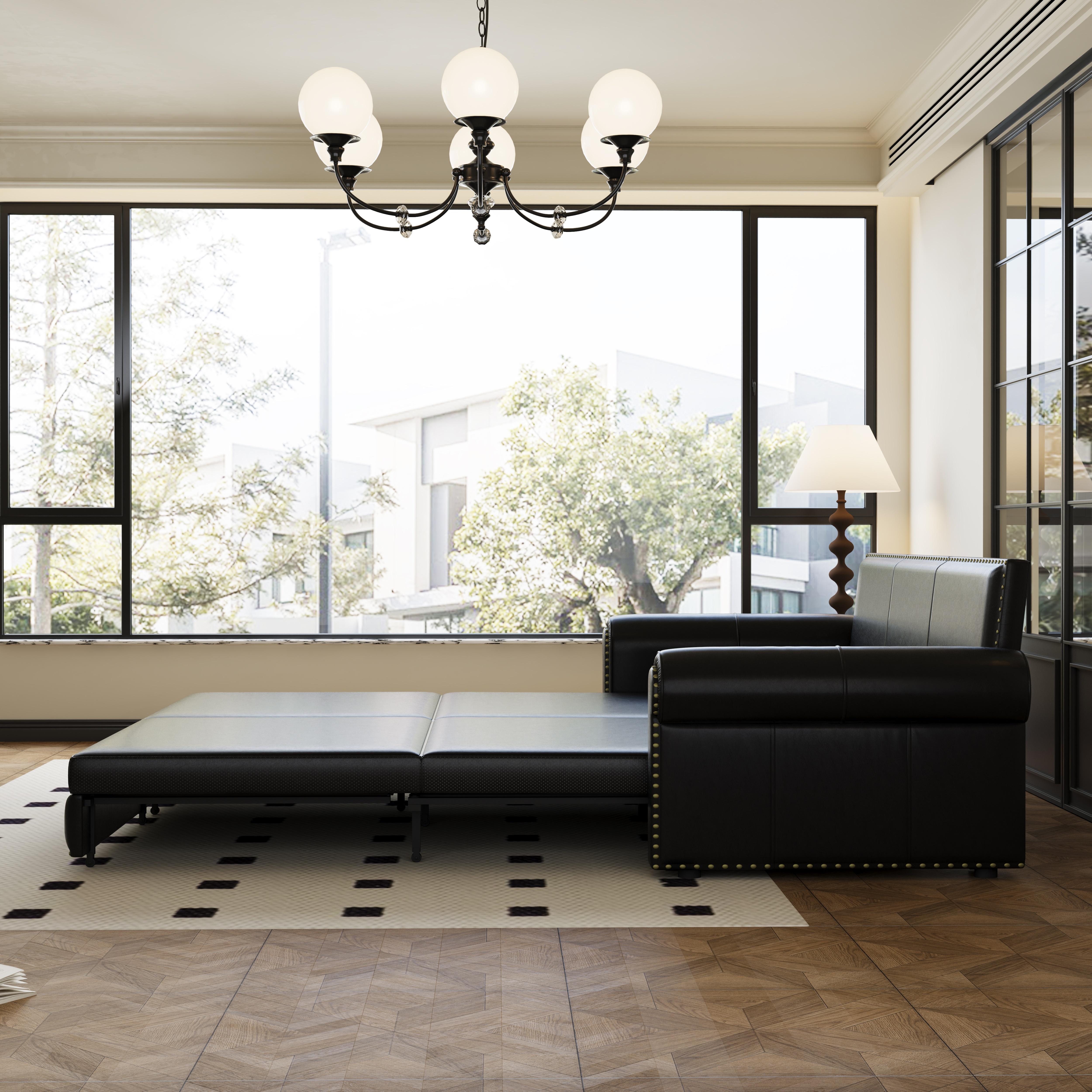 Chesterfield Sofa 93.7" King Pull Out Sofa Bed 3-in-1 Faux Leather Convertible Sleeper with Nailhead Trim Rolled Arm Multi-Functional Living Room Couch Chesterfield Sofa 93.7" King Pull Out Sofa Bed 3-in-1 Faux Leather Convertible Sleeper with Nailhead Trim Rolled Arm Multi-Functional Living Room Couch