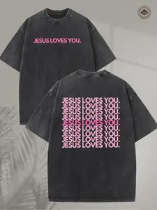 230GSM Heavy Washed T-Shirt- Jesus Loves You Religious Pattern T-Shirt, Pink Green and Pink Letters Double-Sided Print- Christian Clothing, Unisex Crew Neck Top, Suitable for Church, Casual Wear, Gift Giving- Machine Washable Soft Crew Neck