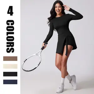 Kabuer Women's Solid Color Peplum Jumpsuit Long Sleeve Round Neck High Stretch with Chest Pad Cross Strape Detail All-Season Sports Style Brief Length with Back Cut-Out Design Machine Washable