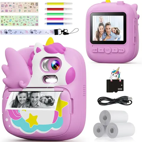 Kids  Instant Print, 12MP & 1080P Instant  for Kids with 32G SD Card & Print Paper, Selfie Digital Video  for kids,Christmas Birthday Gifts for Girls Boy Age 4-12 Charging Compact instant print camera, polaroid camera, polaroid.