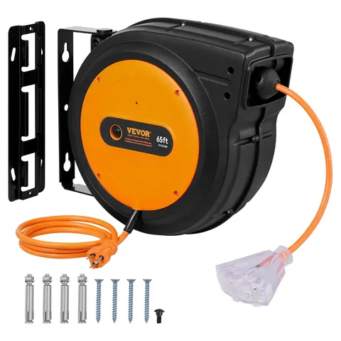 【toolupgrade】VEVOR Upgraded Automatic Retractable Heavy Duty Extension Cord Reel, 65ft Length, 15A/125V 1875W, Lighted Triple Tap Power Outlet, 15A Circuit Breaker, 180° Swivel Bracket for Ceiling/Wall, UL Tested for Cable Safety & Convenience
