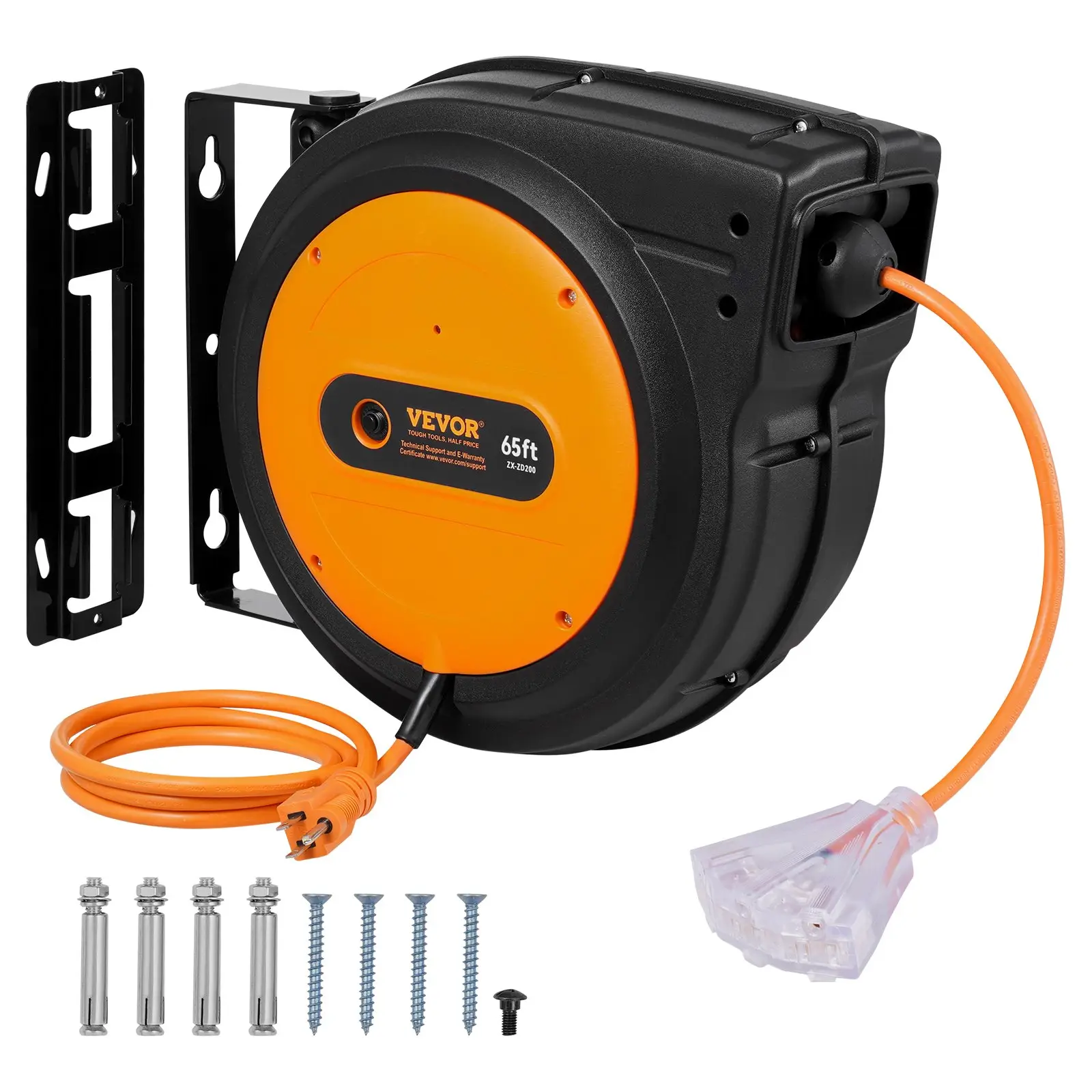 VEVOR Upgraded Retractable Extension Cord Reel, Heavy Duty 12-16AWG/3C SJTOW Power Cord with Lighted Triple Tap Outlet, 15 Amp Circuit Breaker, 180° S