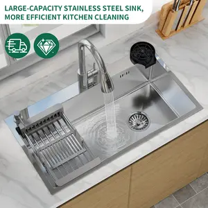 Silver Kitchen Sink Stainless Steel 28"/30"/32" Single Bowl Drop In Top Mount with Faucet Retractable drain basket Glass Rinser