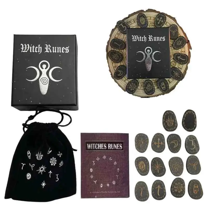 Wood Runes Stone Set - Witch Divination Tools, Spiritual Tools with Storage Bag & Instruction, Novelty Toy for 12 Years Above, Divination for Beginners