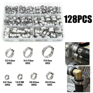 128pcs Stainless Steel Single Ear Adjustable Hose Clamps Set, Press Fit Clamp Rings for Tubing and Hoses, Durable and Reliable Fixtures
