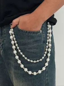 Trendy Hip-Hop Ccb Rhinestone Embellished Dual Layer Chain Fashion Pants Chain, Casual Vintage Design Men's Versatile Metal Pants Chain Gift Bling Chain