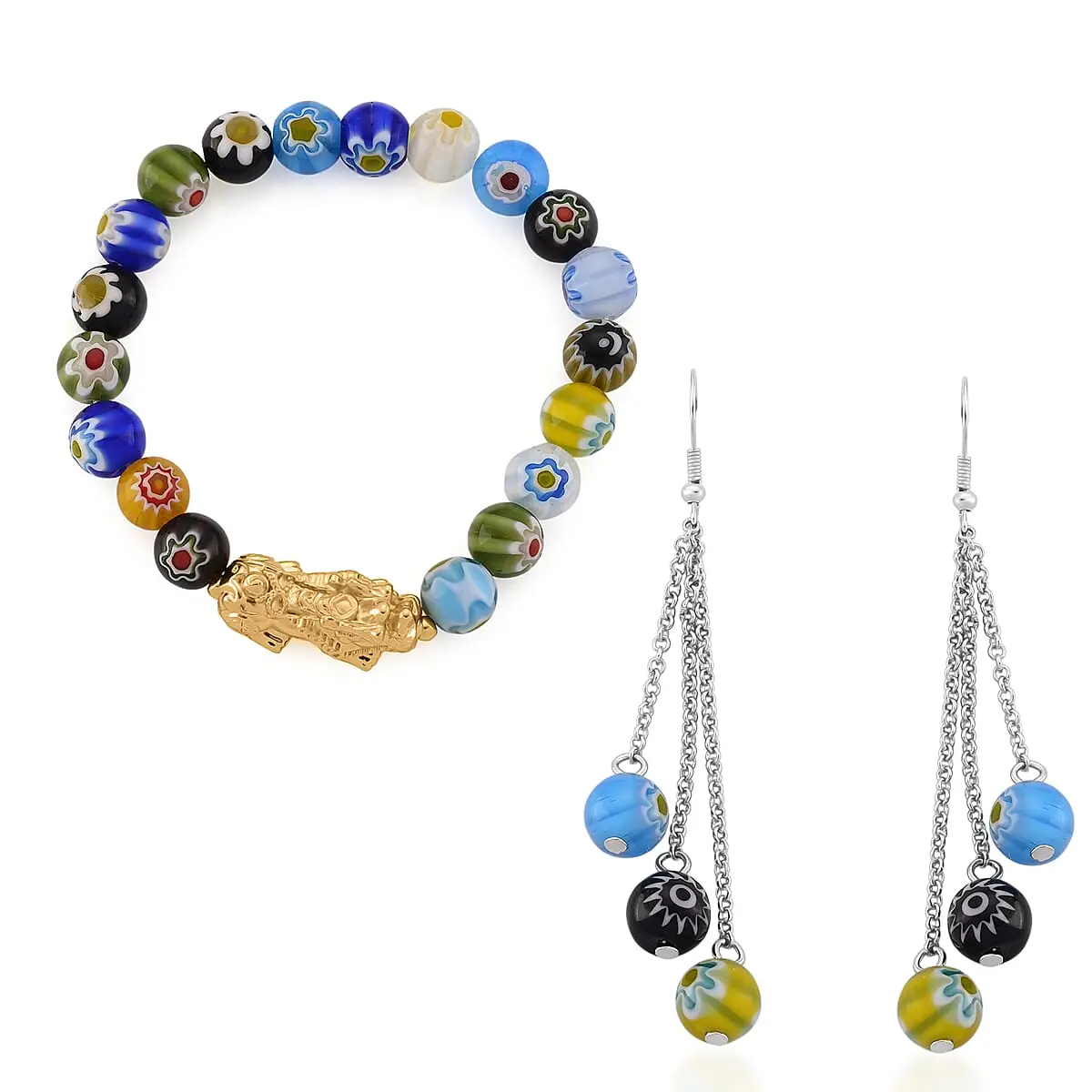 Multi Color Murano Style Beaded Stretch Bracelet with  Pixiu Charm and Dangling Earrings in Goldtone and Stainless Steel