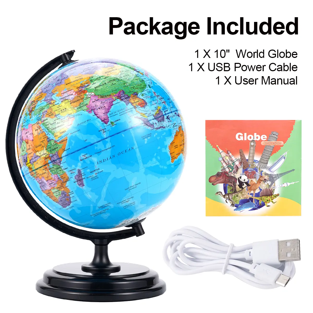 Diameter 26cm World Globe Decoration, Terrestrial Globe Night Light with World Map, Illuminated Desk Lamp for Home Office Decor, Geography Education Gift