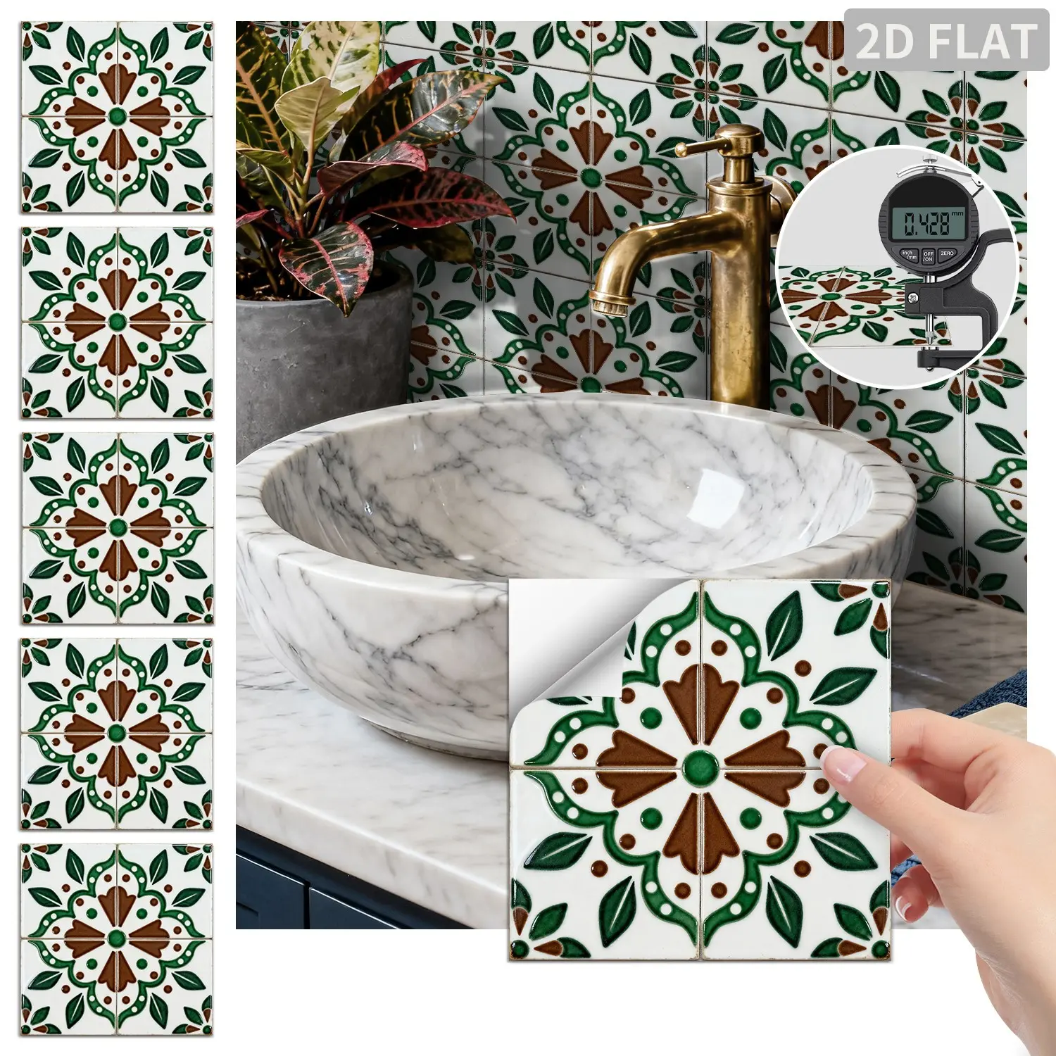 24PCS FHZ Green Brown Vintage Floral Tile Stickers PET Matte Peel and Stick Backsplash Waterproof Oil Proof Wall Decor for Kitchen Bathroom
