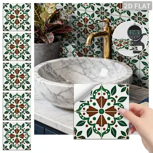 24PCS FHZ Green Brown Vintage Floral Tile Stickers PET Matte Peel and Stick Backsplash Waterproof Oil Proof Wall Decor for Kitchen Bathroom