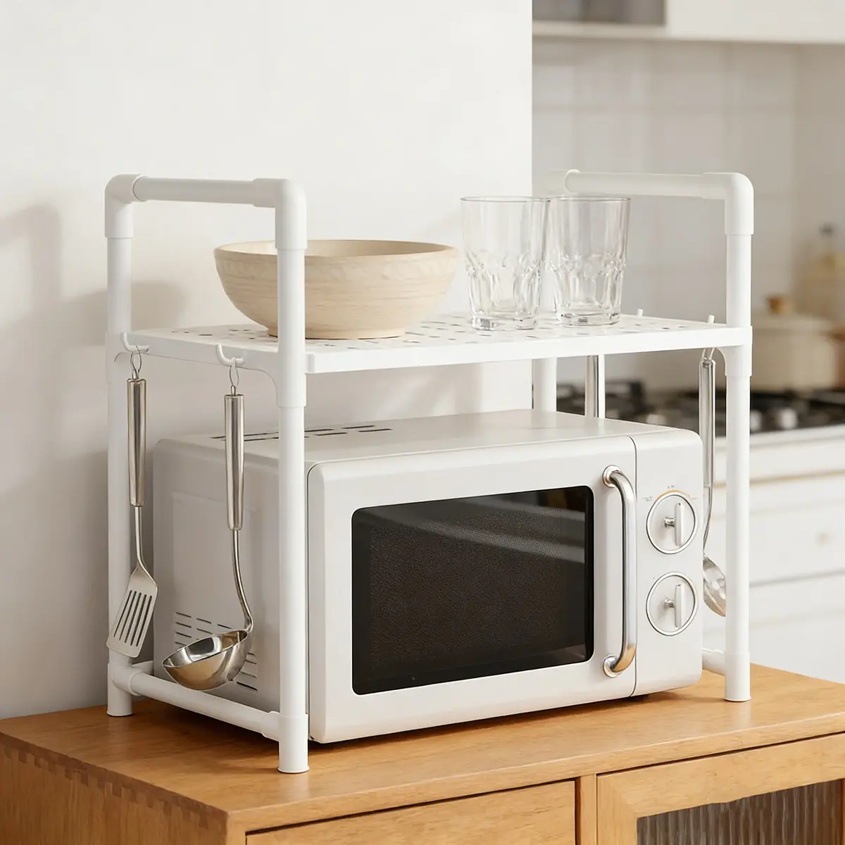 Adjustable Microwave Stand, countertop microwave rack for kitchen storage and home organization, built for small space living, daily kitchen use, and organized cooking areas