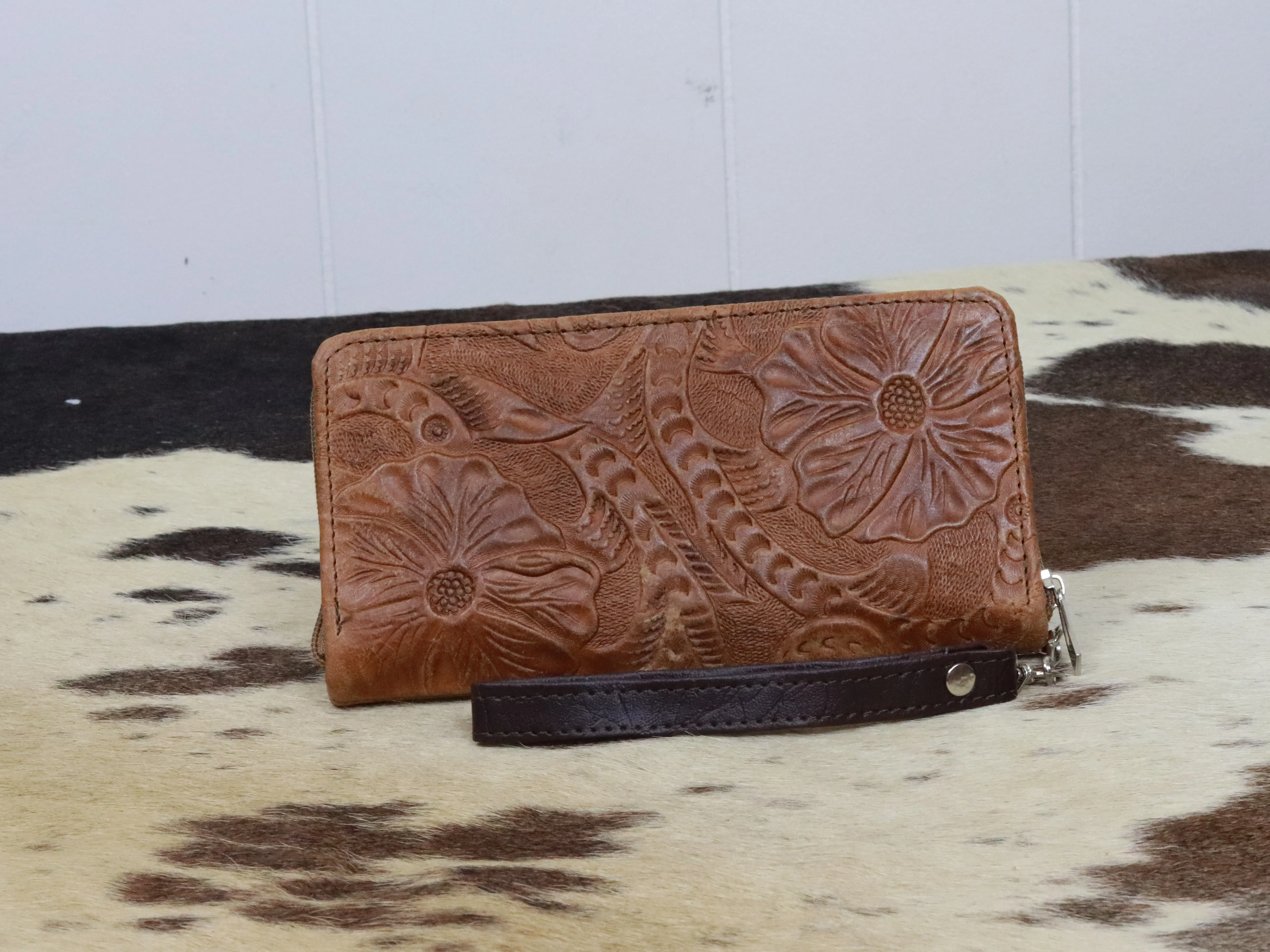 Women's Genuine Brown Leather embossed floral wallet