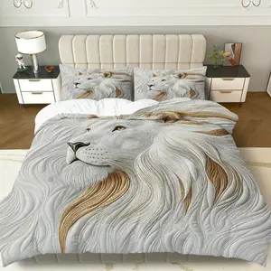 3-Piece Down Duvet Cover Set, 1 Down Duvet + 2 Pillowcases (Filling Not Included), White Lion Animal Art Elegant Majestic Theme, Creative Bedding Set, 3D Printed Lion Pattern Suitable for Bedroom, Guest Room, Hotel, Dormitory, Apartment, Double Bed Lion D
