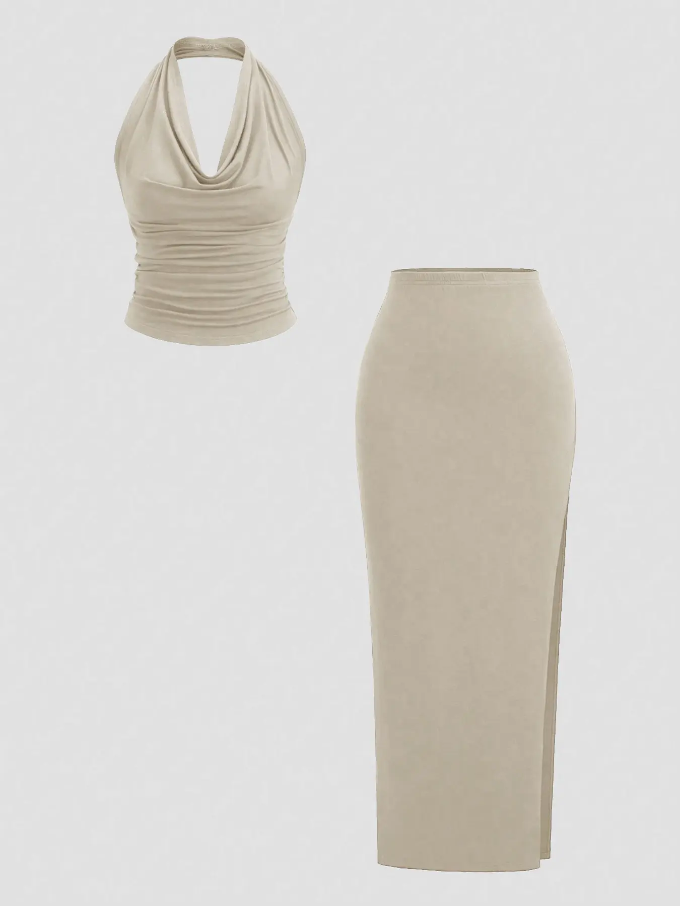 Women's Sleeveless Draped Cowl Neck Halter Top & Side Slit Midi Skirt Set, Ruched Waist, Elasticated Waistband, High Stretch Jersey Knit Fabric, Daily Casual Vacation Party Wear, Elegant Chic Style, Womenswear Clothes