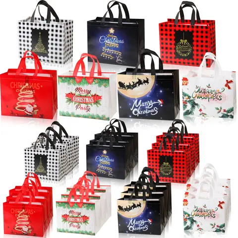 Large Christmas Gift Bags with Handles, Reusable Non-Woven Fabric, Ideal for Grocery Shopping, Holiday Party Gifts, Size 12.5x9.8x6.7 Inches, Convenient Handles