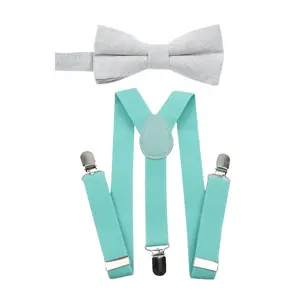 TIE MOOD Silver Cotton Pre-Tied Bow Tie & Mint Green Suspenders Set | Bow Tie & Suspender for Boys & Dad | Easter Outfit
