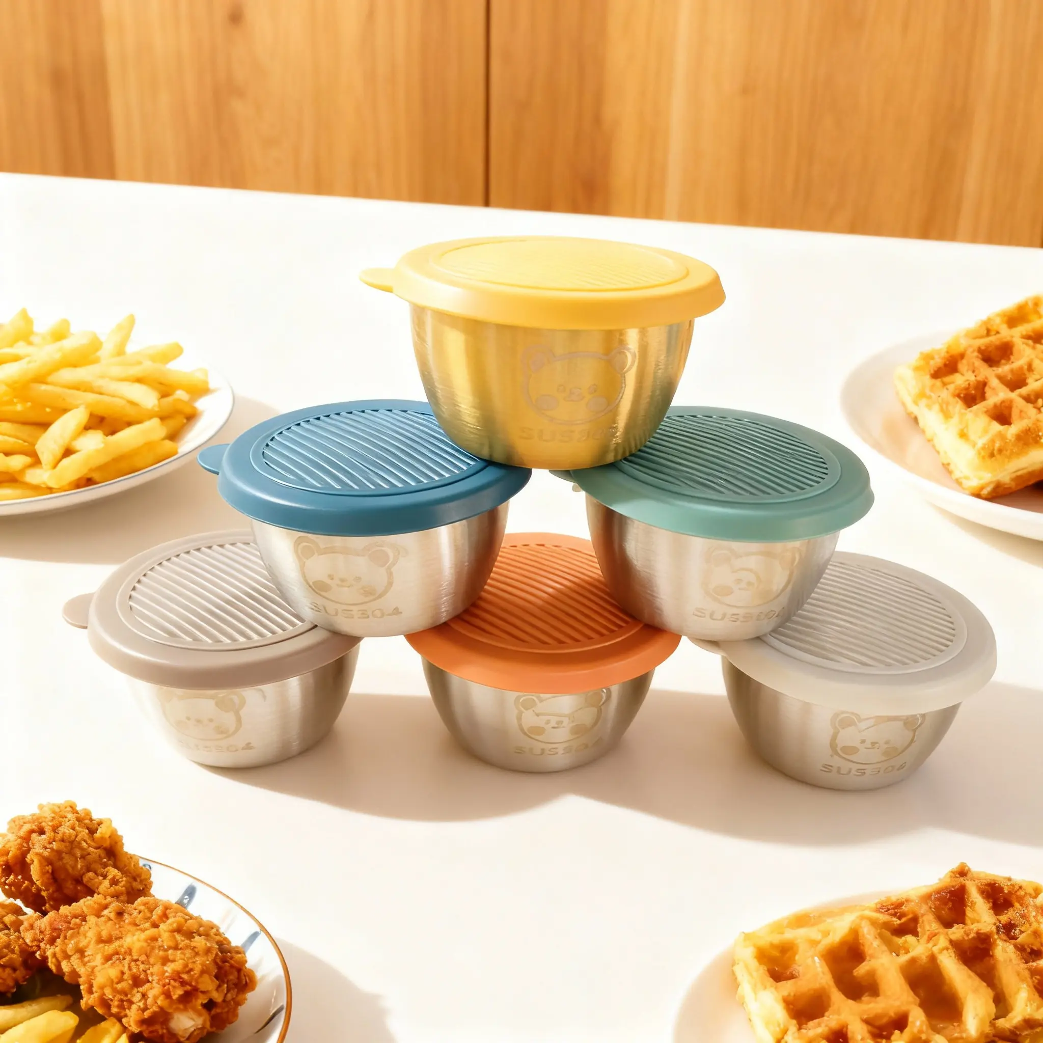6pcs 304 Stainless Steel Leak-Proof Sauce Cups with Silicone-Sealed Airtight Lids - Reusable Cute Bears Design Containers for Salad Dressing, BBQ Sauce (Home Kitchen Condiment Holder for Kids, All Ages, Save Money)