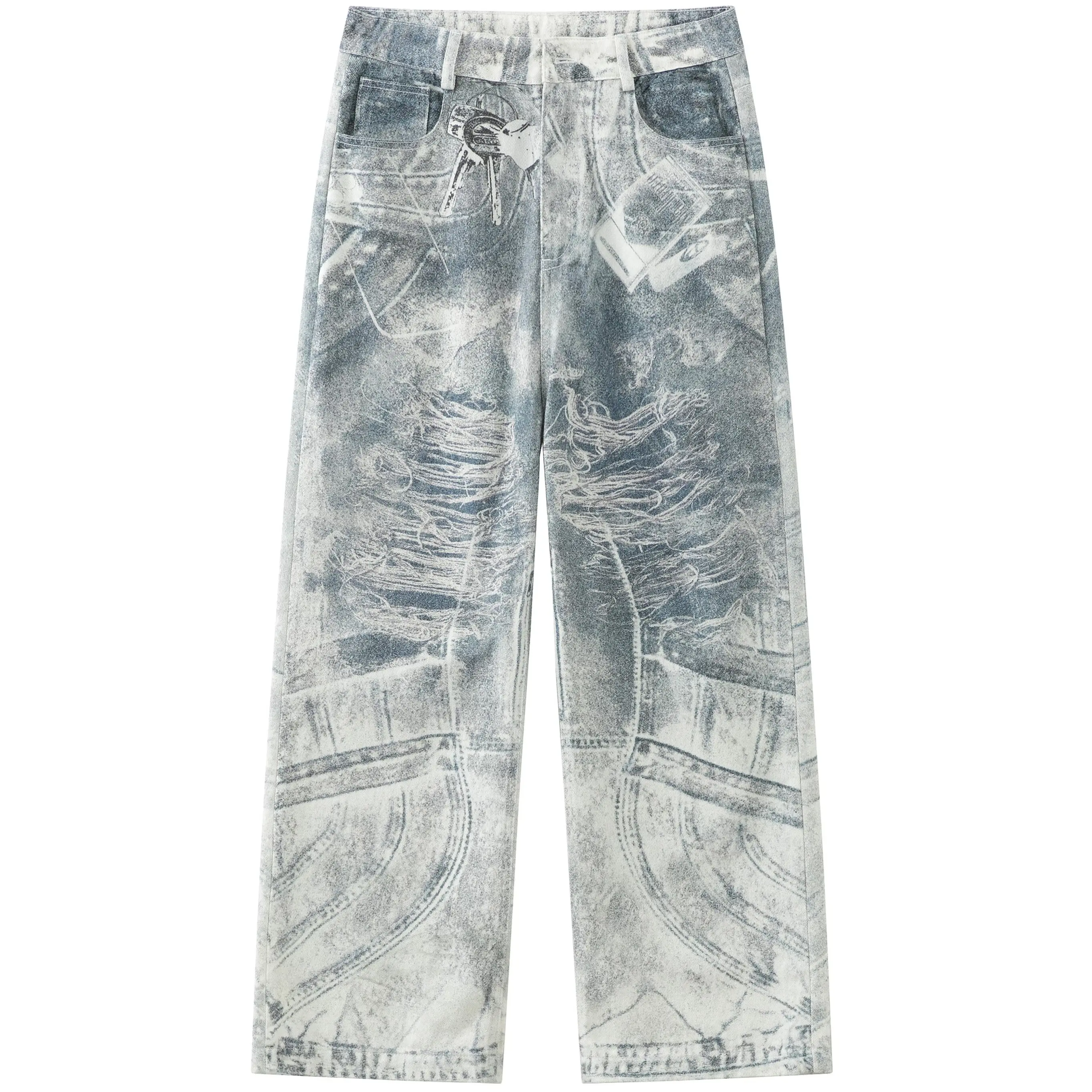 Men’s 3D optical illusion distressed print straight-leg jeans, 100% cotton fabric, faded vintage light wash denim material, loose wide-leg design, hip-hop street fashion style, classic five-pocket design, high-quality soft breathable fabric, suitable for