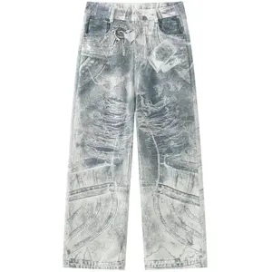 Men’s 3D optical illusion distressed print straight-leg jeans, 100% cotton fabric, faded vintage light wash denim material, loose wide-leg design, hip-hop street fashion style, classic five-pocket design, high-quality soft breathable fabric, suitable for