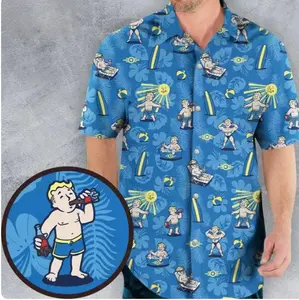 Fallout Hawaiian Shirt – Vault Boy Nuclear Summer Beach Aloha Shirt for Men Women, Blue Retro Gamer Button-Up, 80s Style Vacation Outfit, Tropical Surf Print Casual Top, Gift for Gamer and Fallout Fan Cotton Menswear