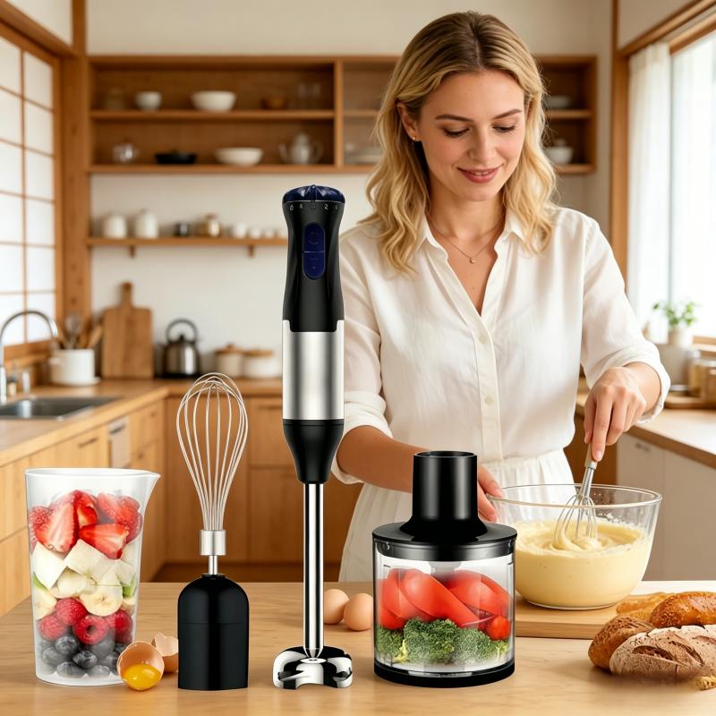 Electric immersion handheld mixer, portable stick mixer with 5 mixing speeds, and a meat grinder with stainless steel blades, suitable for meat, vegetables, fruits, and baby food