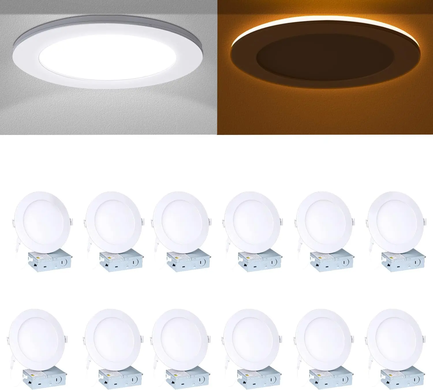 6 Inch Ultra-Thin Wafer Dual-Color LED Recessed Light with Night Light (12-Pack) - 12W Power Ambient Downlight with Junction Box, 2700K-6000K Selectable White Indoor LED Lighting Solutions