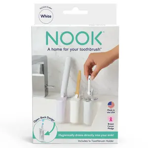 NOOK Toothbrush Holder with Cover for Bathroom Countertop, Fits Manual & Electric Toothbrushes, Travel Toothbrush Protector Case for Kids & Adults, White, 1 Count