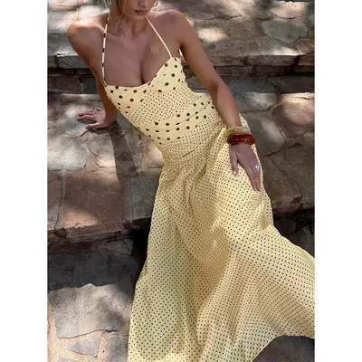 marguerite halter maxi dress white polka Marguerite Halter Maxi Dress Lemon