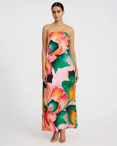 Express Satin Floral Strapless Maxi Sheath Dress with Pockets