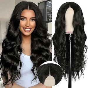 Black Wig for Women, Long Wavy Middle Part Synthetic Heat Resistant Wig for Daily Party