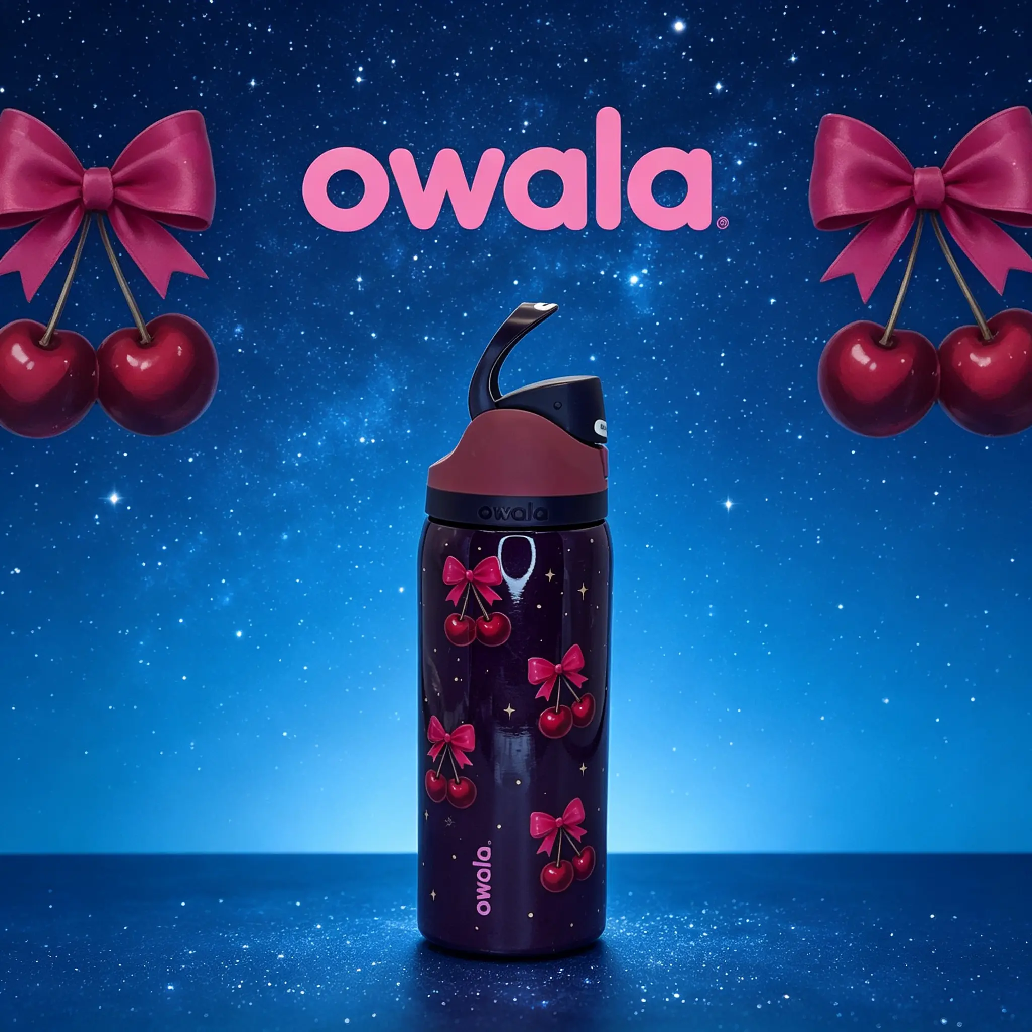 Owala 32 oz Insulated Stainless Steel Water Bottle, Aesthetic Cherry Bow Design, Leak-Proof 1-Hand Open Tumbler, BPA-Free Reusable Cup for Travel & Outdoor Use Dr Pepper keep beverage coffee thermal pink sand hot holder woman birthday sport double-wall