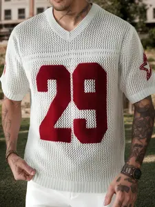 Men's Solid Color Hollow Out V Neck Crop Knit Tee, Regular Fit Casual Short Sleeve Number Print T-shirt for Summer, Fashion Men's Top for Daily Wear