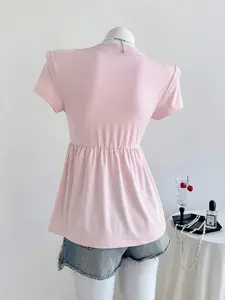 Women's Minimalist Knitted Fabric V-Neck Short Sleeve Slim-Fitting Wrap T-Shirt - Apricot, Plain Lace Trim, Comfortable Casual Tops for Spring/Summer