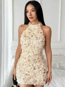 Women's Glitter Sequin Feather Mini Dress, Halter Neck Backless Bodycon Dress, Shiny Elegant Formal Evening Party Dress for Night Out & Cocktail