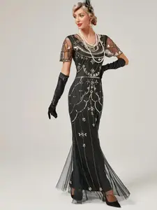 Luxurious Sequined Evening Gown, 1920s Party Dress for Women, Vintage Round Neck Mesh Layered Long Dress, Elegant Formal Wear