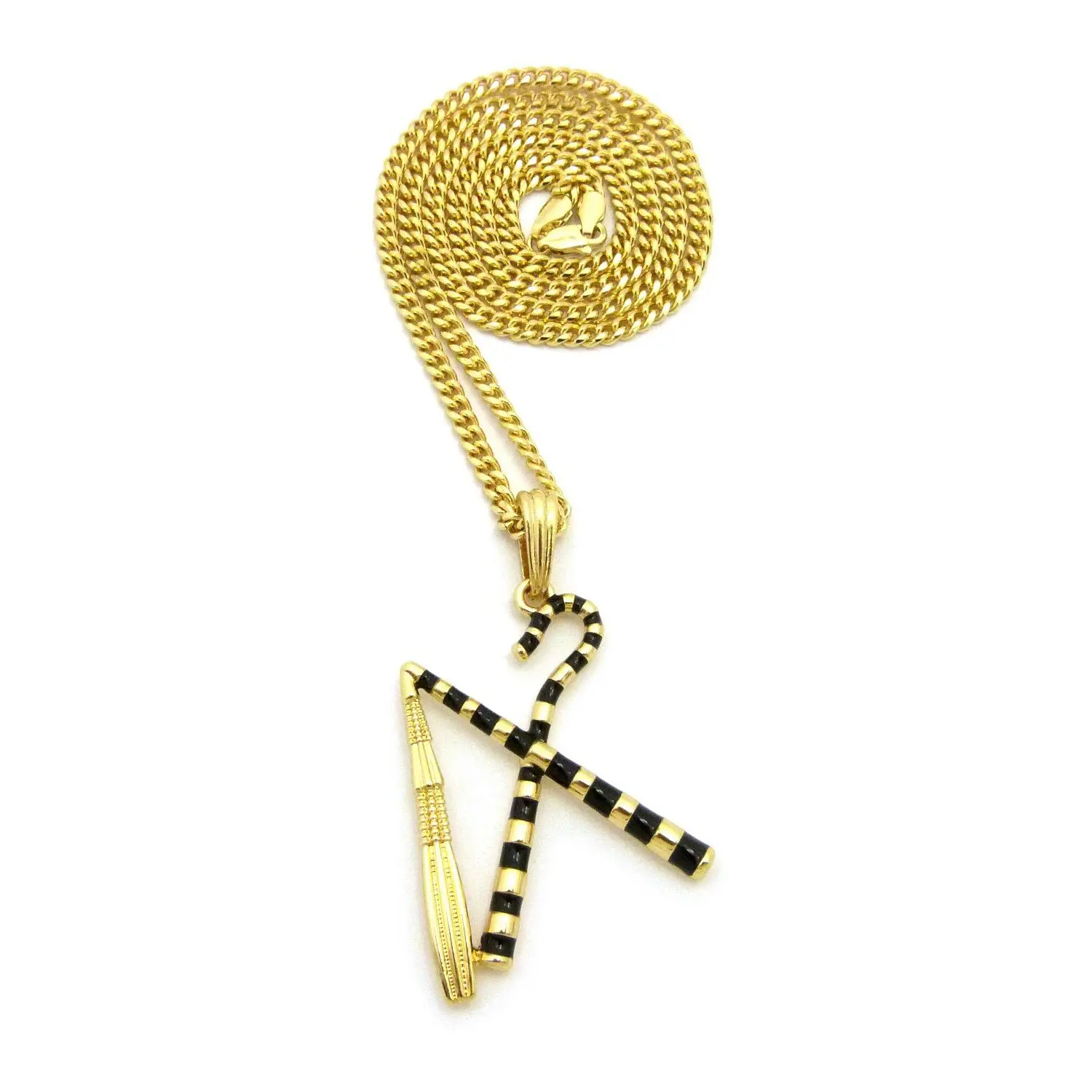MaxBling81 Gold Metal Coating Heka Crook and Nekhakha Flail Pendant with 4mm Cuban Chain-Link Necklace - Unisex Casual Daily Wear Costume Jewelry, 18in/20in/24in Multiple Lengths, Hip Hop Celebrity Style