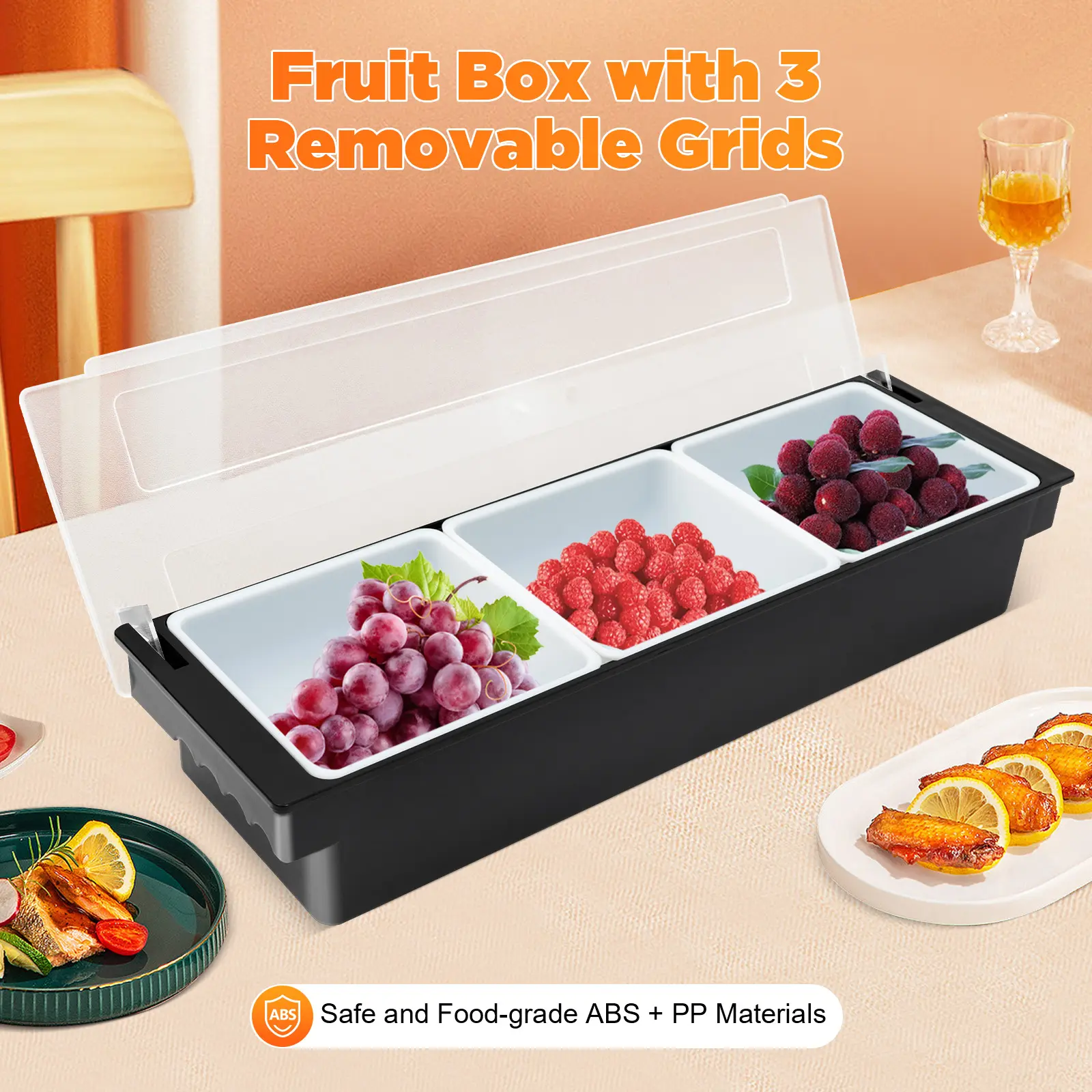 Kitchen ABS Plastic Rectangular Food Storage Container with Lid, Removable Grids, Multiple Compartments, Easy Clean for Fruits, Cereals, Spices