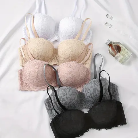 Women's Floral Push Up Lace Bra, Comfortable Breathable Detachable Shoulder Straps Strapless Bra, Lingerie for All Seasons, Floral Lace Brassiere Bra Pack
