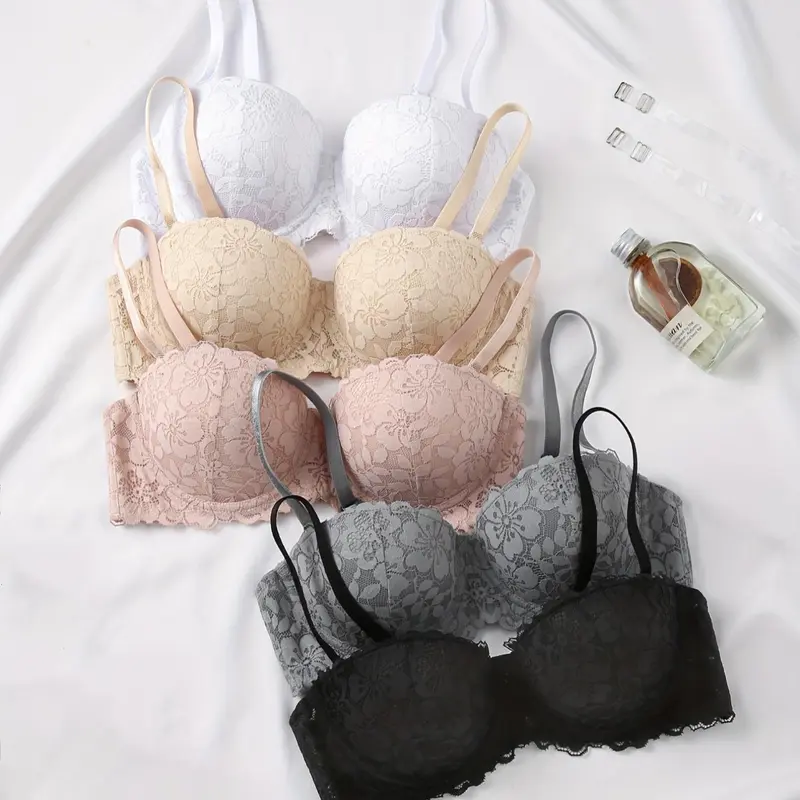 Women's Floral Push Up Lace Bra, Comfortable Breathable Detachable Shoulder Straps Strapless Bra, Lingerie for All Seasons, Floral Lace Brassiere Bra Pack