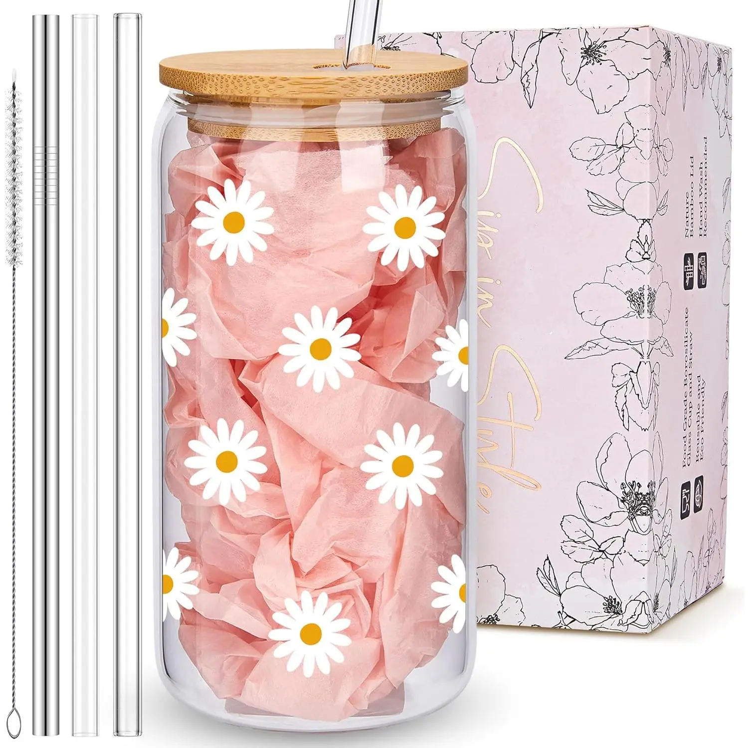 Cute Glass Cups with Lids and Straws, Daisy Design Iced Coffee Cup, Aesthetic Mug Tumbler for Women, Flower Drinking Glasses, Birthday Valentines Christmas Mothers Day Coffee Lover Gifts for Women