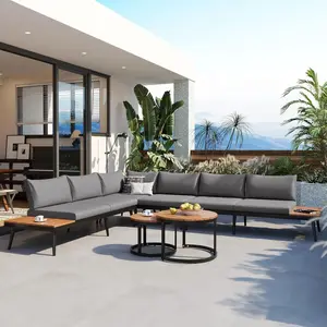 6-Piece Modern Outdoor Sectional Sofa Set with Round Nesting Coffee Tables – All-Weather Rattan & Acacia Wood
