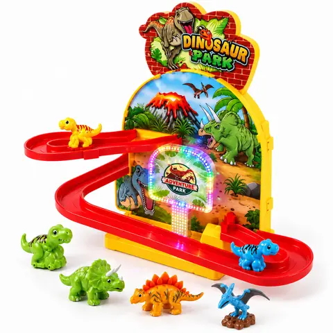Dinosaur Slide Track Toy with Magnetic Climbing, Lights and Music, Adventure Park Ramp Playset with 6 Dinosaur Figures for Kids Ages 3–4